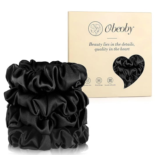100% Mulberry Silk Scrunchies for Work, 4 Pack Soft Black Silk Hair Ties for Sport Yoga No Damage Scrunchies