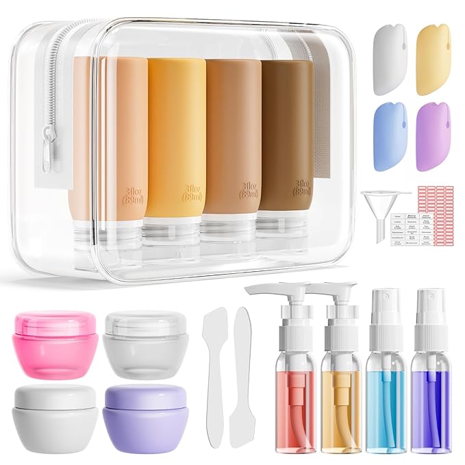 Muslish 21 Pack Travel Bottles for Toiletries, Leak-Proof TSA Compliant Silicone Travel Size Containers for Shampoo and Conditioner, BPA Free with Toiletry Bag (Apricot)