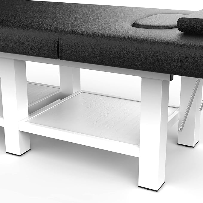 pouseayar Stationary Massage Table with Backrest and Storage Space for Treatment Table Physical Therapy Table Spa Facial Bed, 6 Square Legs Metal Frame PU Leather, 31.5'' Wide × 75'' Long - Black