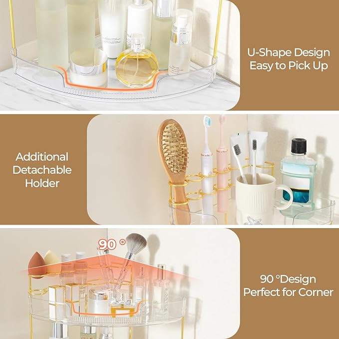 FELIZHOUSE 2-Tier Makeup Organizer for Vanity & Bathroom Countertop – Acrylic Storage Shelf with Perfume Tray & Makeup Brush Holder, Tool-Free Installation, Design for Bathroom & Dresser - Amber