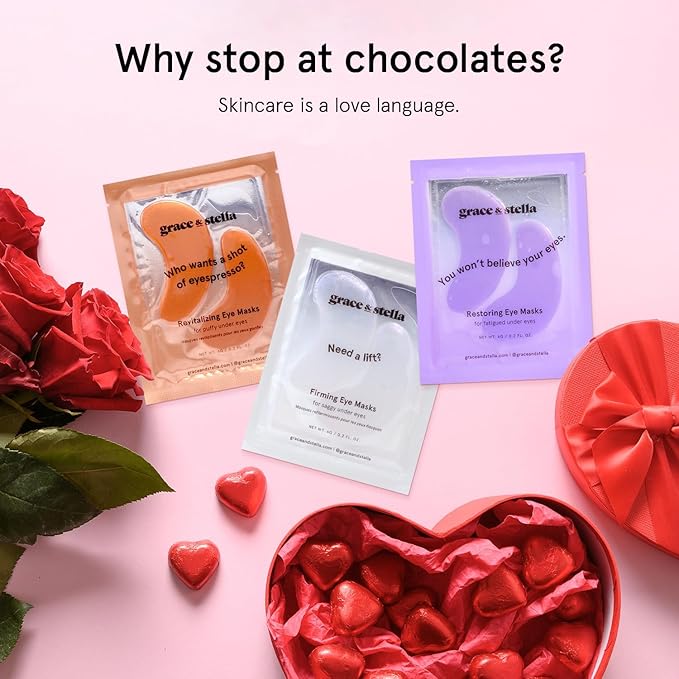 grace & stella Peptide Under Eye Patches with Niacinamide & Rice Extract - Firming Eye Masks for Dark Circles and Puffiness - Valentines Day Gift Bags - Vegan, Cruelty-Free (White, 6 Pairs)