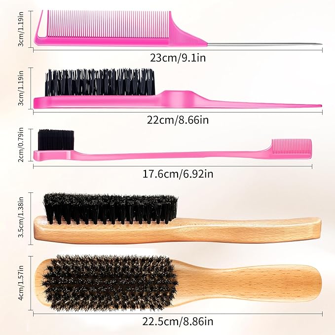 Boar Bristle Slick Back Hair Brush for Smooth Flyaways, Frizz, Sleek Ponytail, Buns and Edge Baby Hair, Teasing | Hair Comb, Edge Brush, Teasing Brush Styling Accessories for Girls, Kids, Women & Men