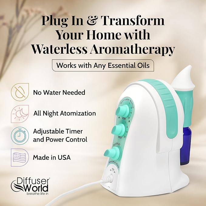 1000 Sq Ft Waterless Diffuser for Essential Oils, Made in USA Green Waterless Aroma Atomizer for Home Large Room Fragrance, Home Scent Machine, Air Aromatherapy with Adjustable Timer