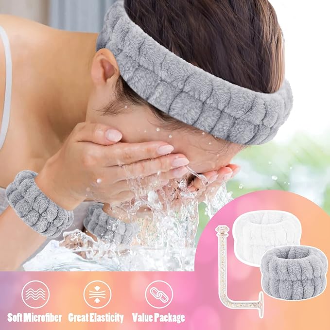 Face Washing Headband and Wristband Set of 2, Microfiber Spa Wristbands with Holder, Absorbent Wrist Scrunchies