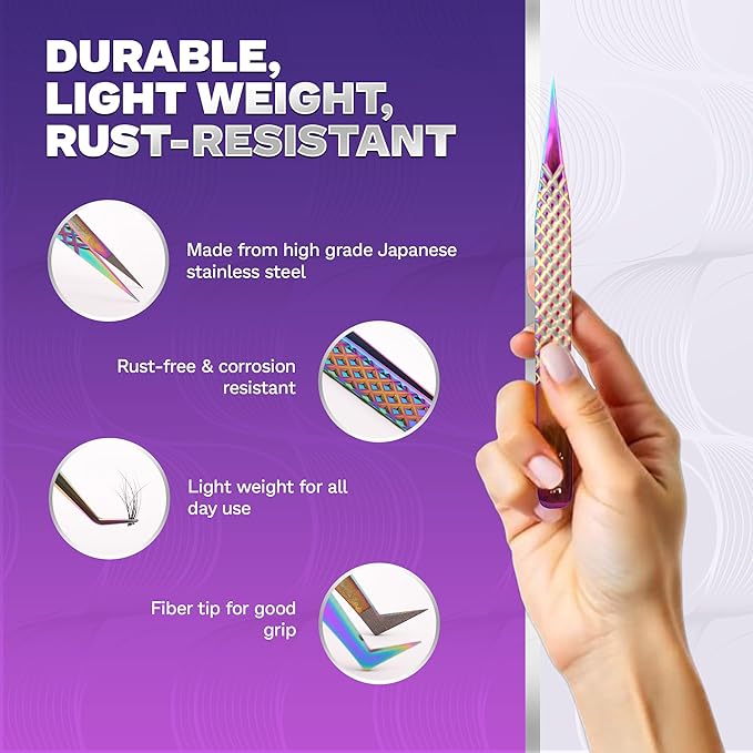 5 Pcs Fiber-Tip Japanese Steel Lash Tweezer Set with Leather Case, Professional Eyelash Tweezers for Lash Extensions – Titanium Coated, 90 & 45 Angled, Precision Pointed Tweezers (Rainbow Color)