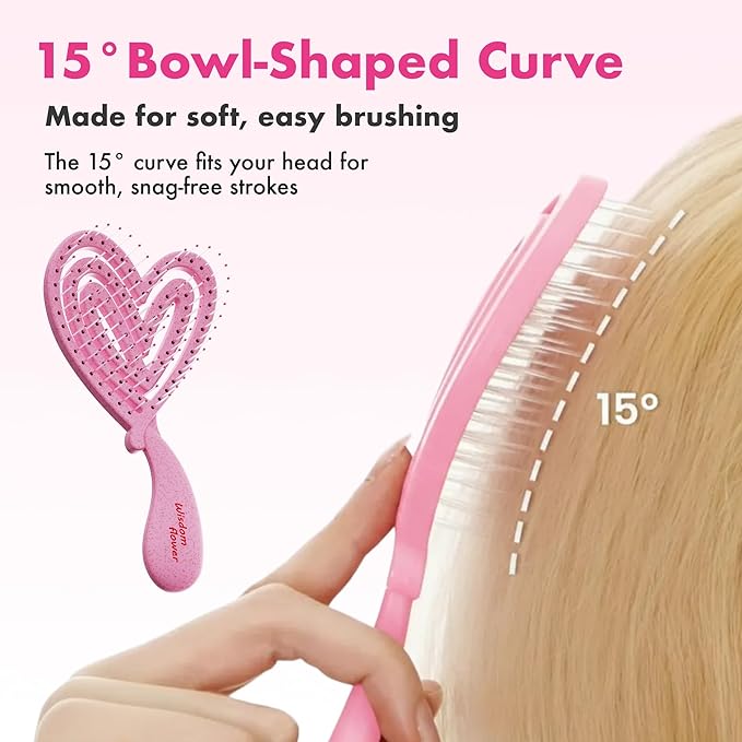 Detangler Brush – Heart-Shaped Detangling Brush for Curly, Wavy, Thick Hair – Rose pink Hairbrush for Women with Bowl-Curve, Flexible Bristles, Blow Dryer Safe, Regular