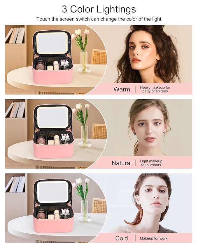 Makeup Bag With LED Mirror, Travel Makeup Bag With 3 Color Setting Light Up Mirror Cosmetic Makeup Organizer Vanity Case for Women Beauty Tools Accessories Rechargeable Makeup Travel Bag - Pink