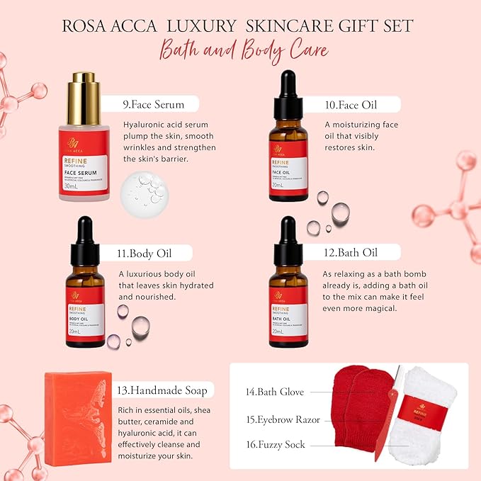 Valentines Day Gifts for Women, Red Rose 32 Pcs Facial Skin Care Set, Bath and Body Gifts, Spa Set & Self-Care Kit, Lip Gloss, Face Sheet Mask, Serum, Present, Birthday, Christmas, Mother Day