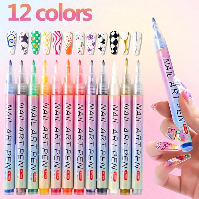 Nail Art Pens for Painting Nails, 12 Colors Nail Art Markers Gel Polish Pens Dotting Liner Brush for DIY Nail Design, Home & Salon Manicure Tools