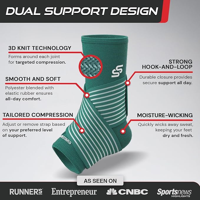 Sleeve Stars Ankle Brace for Women & Men, Ankle Wrap for Sprain, Compression Sleeve for Plantar Fasciitis Relief, Easy Customizable Support: w/ Removable Strap (Pair/M:10"-12"/Turquoise)