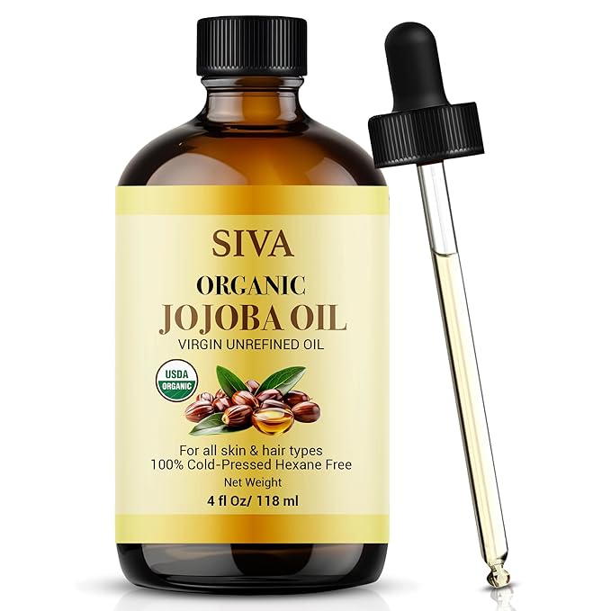 Siva Jojoba Organic Oil 4oz (118ml) Premium Cold-Pressed 100% Natural Organic Carrier Oil with Dropper for Face, Skin Care, Body Massage, Hair Care, Hair Oiling & Scalp Massage