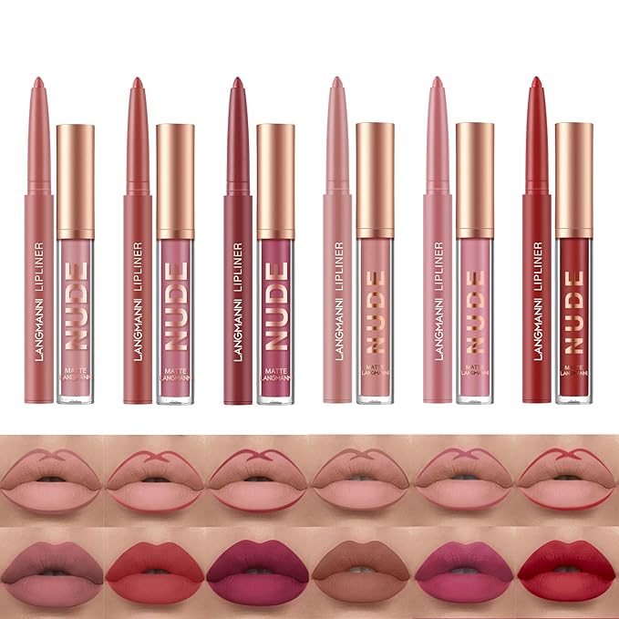 Jolilab 12Pcs Matte Lip Liner + Liquid Lipstick Set, One Step Velvety Nude Lip Stain Waterproof Long Wear High Pigment Lip Makeup Gift Set（Set C）