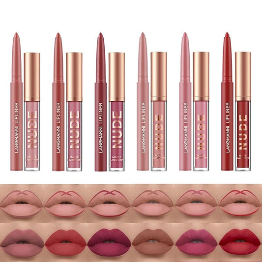 Jolilab 12Pcs Matte Lip Liner + Liquid Lipstick Set, One Step Velvety Nude Lip Stain Waterproof Long Wear High Pigment Lip Makeup Gift Set（Set C）