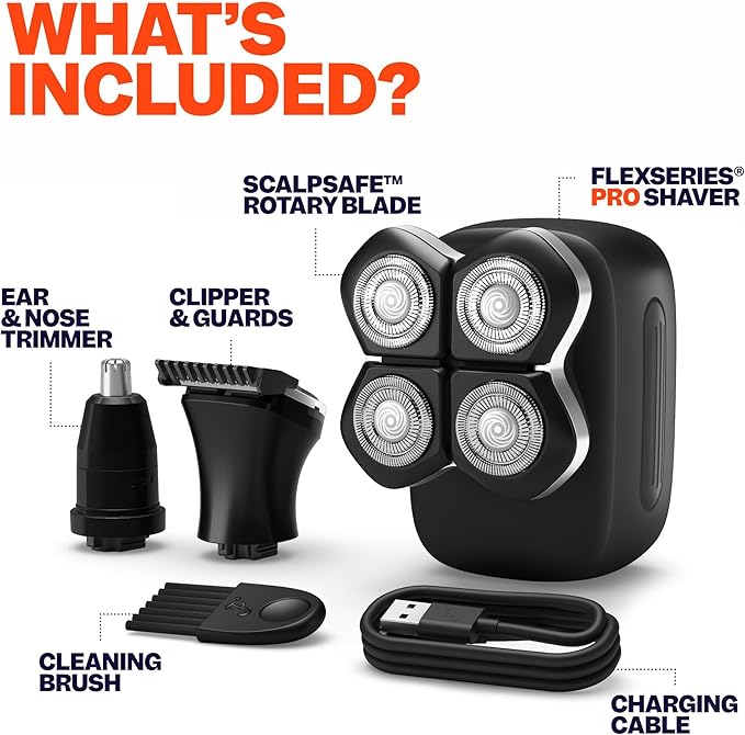 Freebird FlexSeries Electric Head & Body Hair Shaver, Mens Cordless Rechargeable Wet & Dry Skull, Bald Head, Back, Groin Waterproof Razor (FlexSeries Pro, Shaver Kit with Travel Case)