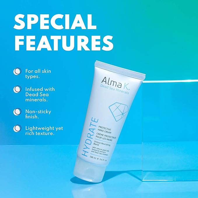 Alma K Protective Hand Cream - Daily Deep Hydration Hand Lotion - Rich, Soothing Non-Sticky Cocoa Butter Lotion - White Tea and Neroli Scent - 3.4 oz