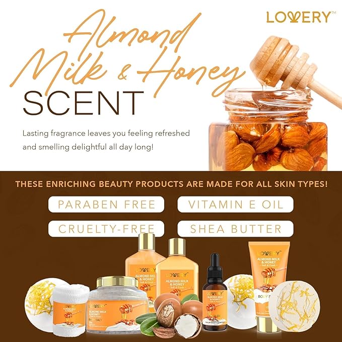 Gifts for Women Gift Basket for Women - 10 Pc Almond Milk & Honey Beauty & Personal Care Set - Valentines Day Gifts for Her Home Bath Package - Spa Self Care Kit - Birthday, Mom, Anniversary Gift