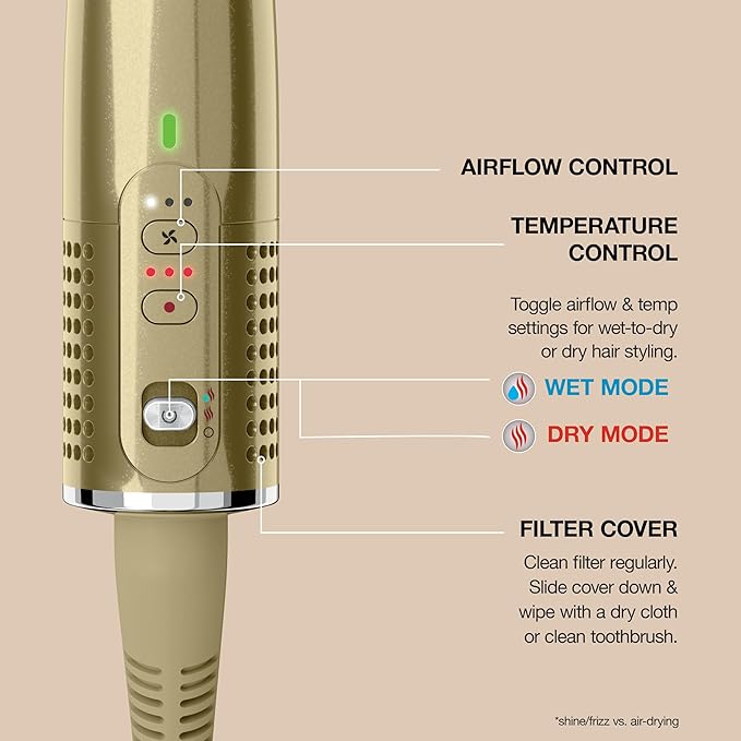 Shark Glossi 2-in-1 Hot Tool and Air Glosser, Ultra-Fast, Ultra-Glossy Blowouts at-Home, Heat-Controlled Ceramic, Curly, Coily, and Color Friendly, Liquid Gold, HT302GD