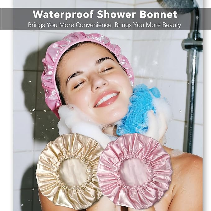Smilco 2 Pack Shower Caps for Women, Reusable Waterproof Double Layer Bath Cap, Large EVA Elastic Hair Cover for Shower, Fits Long Hair & Braids, for Spa & Home