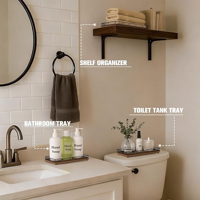 Bathroom Vanity Tray – 12" x 6" Acacia Decorative Wooden Tray for Toilet Tank Organizer Wood Tray for Bathroom Countertop, Soap, Perfume Accessories Storage, Vanity Dresser Decor Black & Acacia