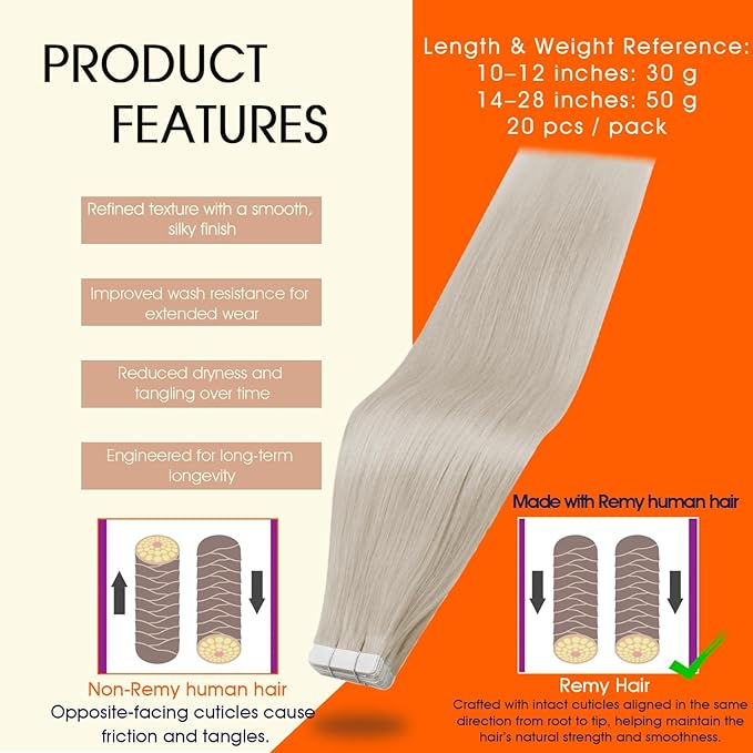 Full Shine Human Hair Tape in Extensions Color 1000 Blonde Tape in Hair Extensions PU Silky Straight Remy Skin Weft Invisible Seamless Extension Double Sided Adhesive for Wedding 30G 20Pcs 12Inch