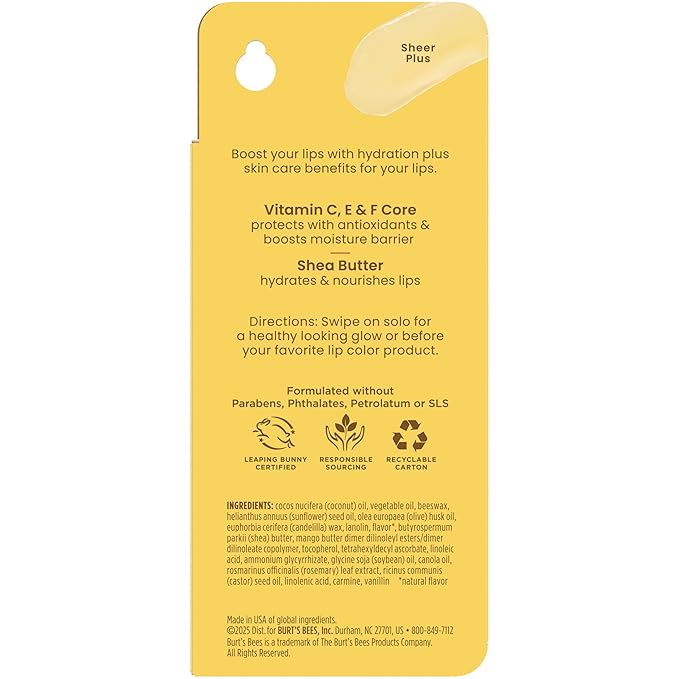 Burt's Bees Boosted Lip Balm Sheer Plus; Vitamin Lip Balm, Nourishing Vitamin C, E, and F Core; 24 Hour Moisture; Tint Free, Semi Glossy Finish; 100% Natural Origin; 1 Tube; 0.16 Oz. (Pack of 2)