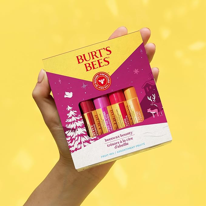 Burt's Bees Christmas Gifts, 4 Lip Balms Stocking Stuffers Products, Beeswax Bounty Fruit Mix - Watermelon, Pomegranate, Dragonfruit Lemon & Sweet Peach (Pack of 4)