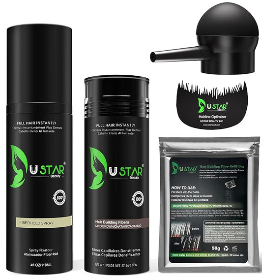 Hair Building Fibers 77.5g, USTAR 5 in 1 Hair Fibers for Thinning Hair with Holding Spray for Instantly Thicker, Fuller Look, Styling Hair Powder for Men & Women (Medium Brown)