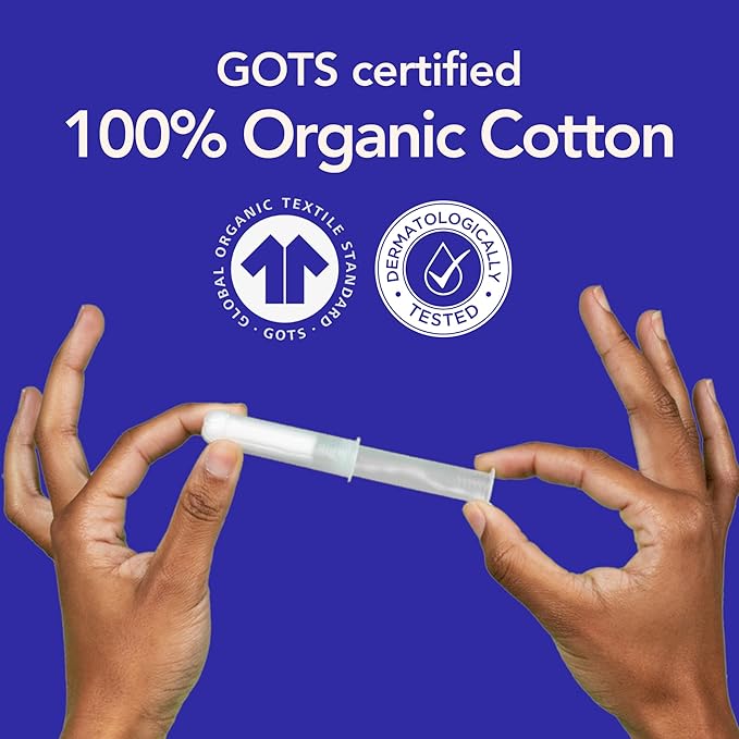 Marlow 100% Organic Cotton Easy Glide Tampons with Compact Plant Based BPA Free Applicator, Chlorine Free, Toxin Free, Hypoallergenic, Dermatologically Tested, Fragrance Free, Super, 54 Count