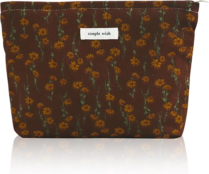 Wudygirl Cute Makeup Bag for Women - Travel Cosmetic Bag with Zipper Makeup Pouch Floral Make up Organizer Handbag Aesthetic (Brown Floral)