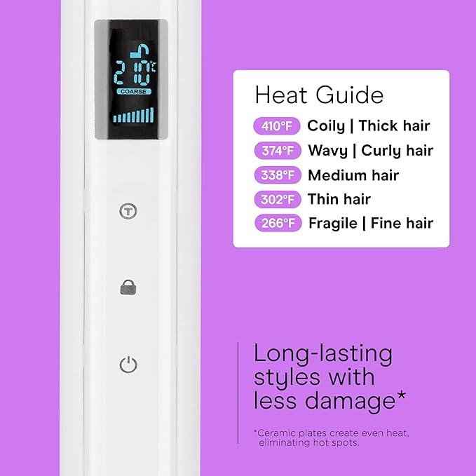 Conair Double Ceramic Flat Iron, 1-Inch Flat Iron, 5 Digital Temp Settings Up to 410°F, Extra-Long Plates, For All Hair Types and Textures, White