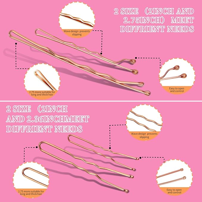 Teenitor 300pcs Bobby Pins Rose Gold Hair, 100 Bobby Pins 100 Hair Pins for Women 100 Hair Bands Kit, Hair Pins for Buns 2" 2.36" 2.75" Rose Gold