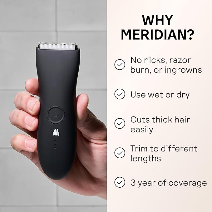 MERIDIAN The Trimmer Original – Body Hair Trimmer for Men, Electric Groin & Body Groomer for Pubic Hair, Chest, Legs & Underarms, Waterproof & Rechargeable, Onyx
