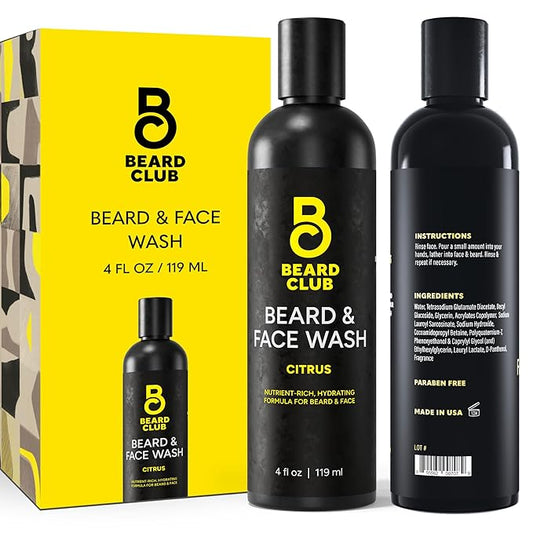 The Beard Club Citrus Beard & Face Wash– All-in-One Cleanser, Softens & Nourishes Facial Hair, Hydrates & Cleans Skin, Paraben & Sulfate-Free