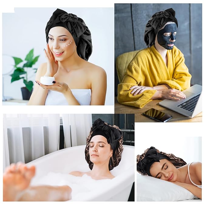 Arqumi 2 Pcs Cheetah-Print Satin Silk Bonnet for Sleeping Women with Long Strap Tie Band, Large Adjustable Cute Sleep Night Cap Hair Bonnet for Men Short Hair, Black+Leopard