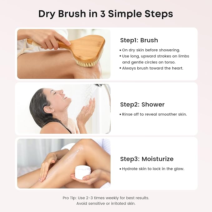 Bamboo Dry Brushing Set with Body and Face Brush, Dry Scrub Brush with Exfoliating Natural Boar Bristle for Lymphatic Drainage, Cellulite Reduction, Blood Circulation and Glowing Skin, 2 Pack