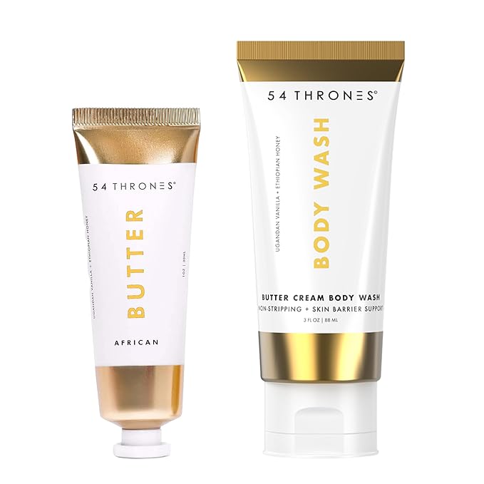 54 Thrones Sensitive Skin Bundle, Mini Non-Stripping Butter Cream Body Wash + Mini African Beauty Butter, Moisturizing Body Butter for Women & Men, Shea Moisture, Ugandan Vanilla + Ethiopian Honey