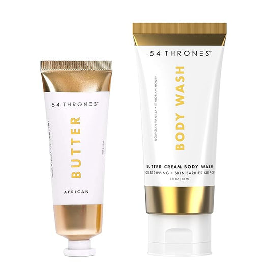 54 Thrones Sensitive Skin Bundle, Mini Non-Stripping Butter Cream Body Wash + Mini African Beauty Butter, Moisturizing Body Butter for Women & Men, Shea Moisture, Ugandan Vanilla + Ethiopian Honey