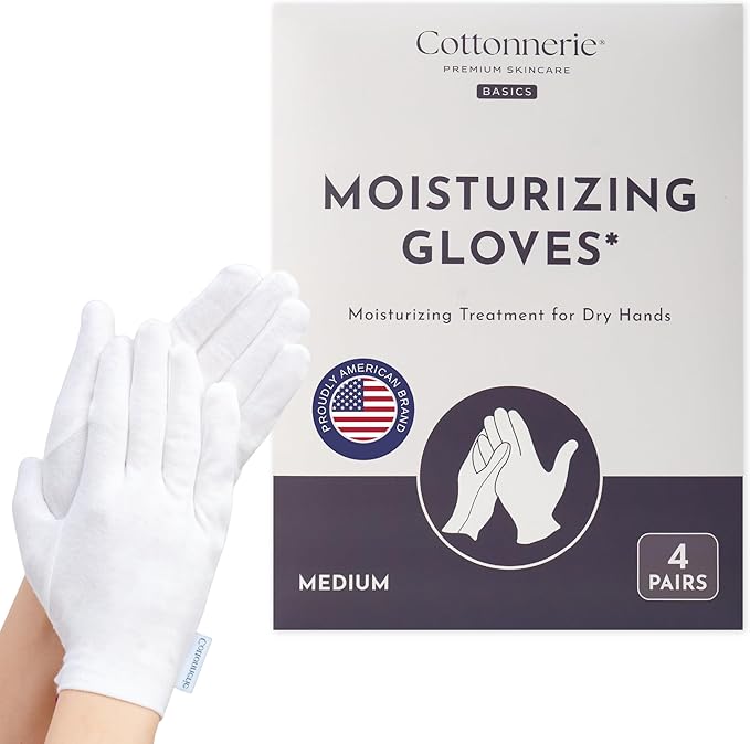 4 Pairs Cottonnerie Basics Cotton Gloves for Dry Hands Sleeping, Moisturizing Gloves Overnight, Hand Moisturizer Gloves, Moisture Gloves for Dry Hands Overnight, Sleeping Gloves, Medium