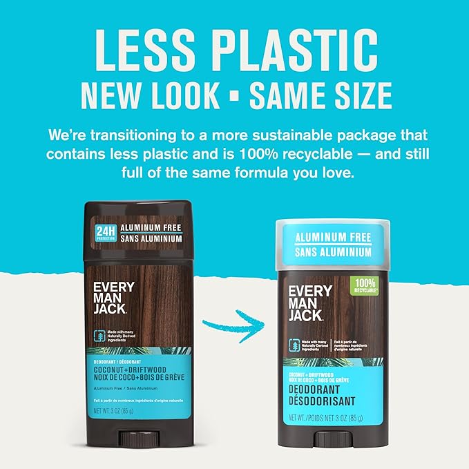 Every Man Jack Coconut Driftwood Men’s Deodorant - Stay Fresh with Aluminum Free Deodorant For all Skin Types - Odor Crushing, Long Lasting, with Naturally Derived Ingredients - 3oz (2 Pack)