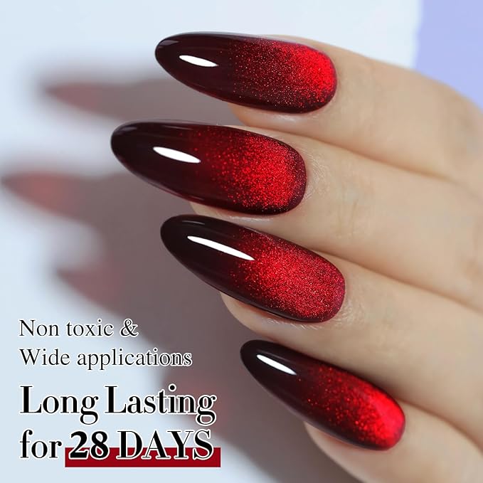 Double Rhythm Jelly Glass Cat Eye Gel Polish with Magnet 15ML Holographic Glitter Shimmer Translucent Sheer Color Magnetic Nail Polish Salon DIY at Home (Blood Red-MC1107)