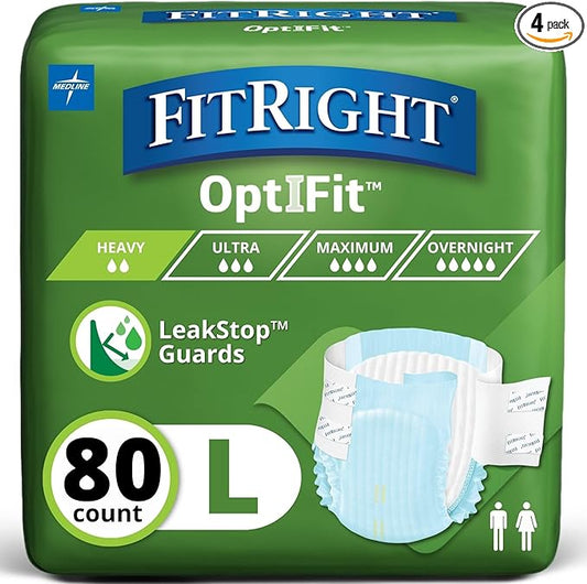 FitRight Adult Diapers, Extra+ Heavy Absorbency, L (Waist Size 44in-56in), 80 Count, OptiFit Incontinence Briefs for Men and Women, Disposable, Moisture-Wicking, Leak Protection.