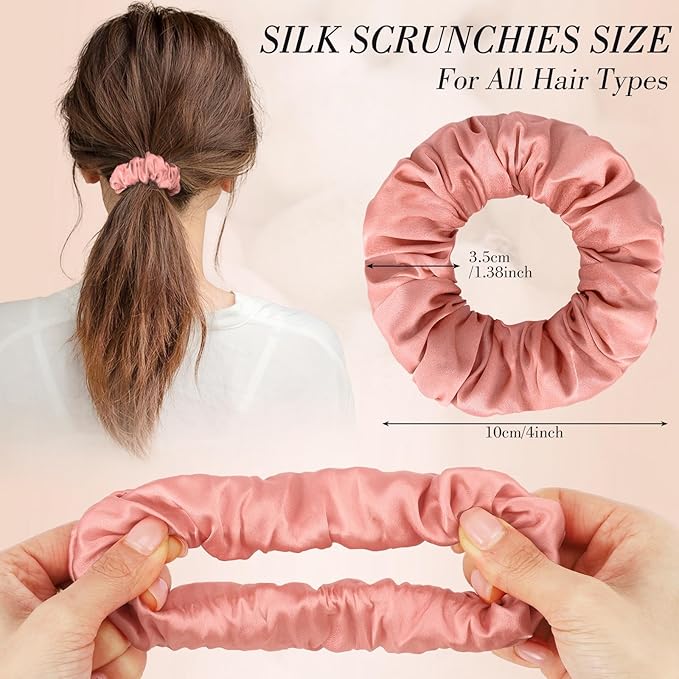 Cherry Pink Mulberry Silk Hair Scrunchies, 4Pcs Silk Hair Ties for Hair Sleep Frizz Breakage Valentine's Galentines Day Gifts