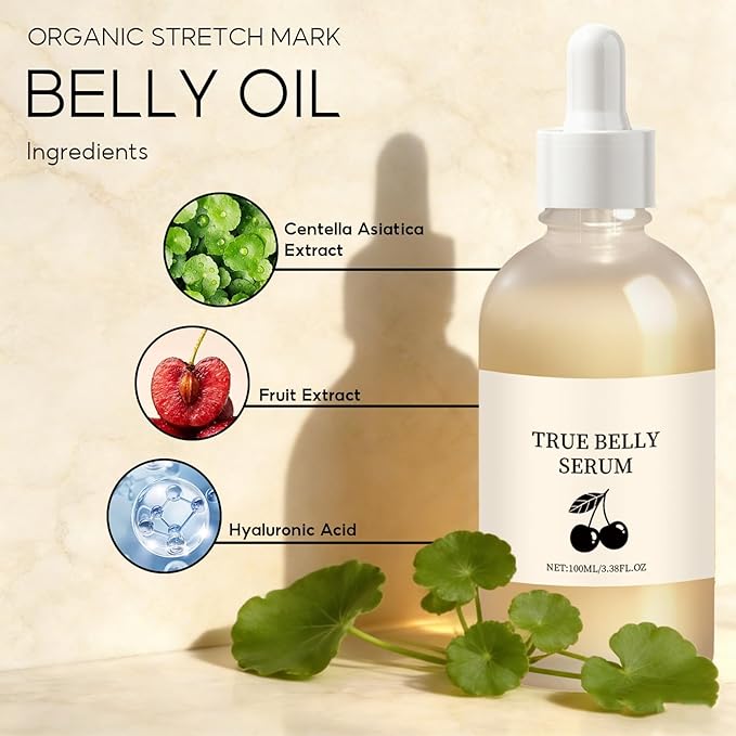 True Belly Serum with Cherry Extract, Pregnancy-Safe Skin Care Belly Oil for Stretch Marks, Supports Hydration, Belly Oil For Pregnant Women, 3.38 fl oz