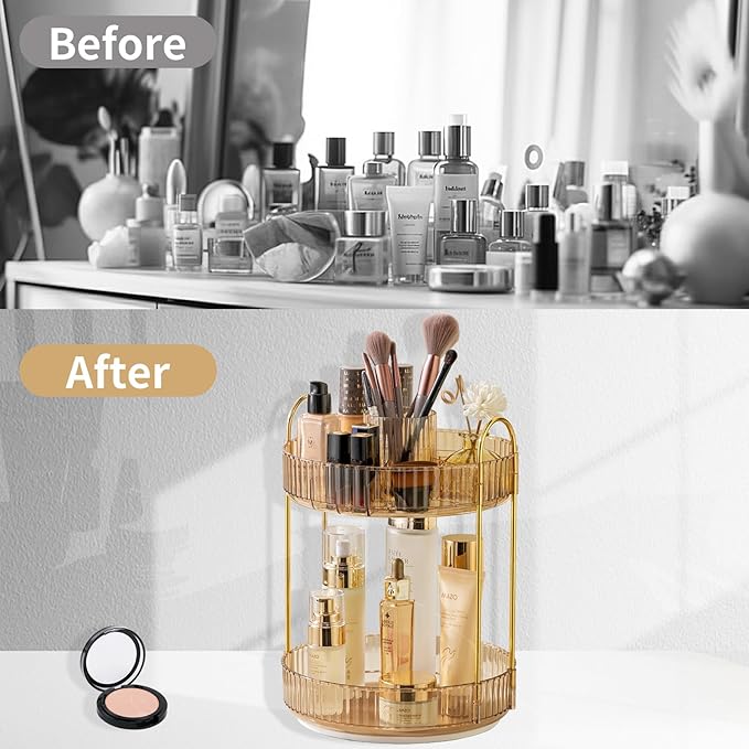 360 Rotating Makeup Organizer,2 Tier Large Capacity Make Up Organizers and Storage,Skincare Perfume Vanity Organizers,Bathroom Cosmetics Storage Organizer Countertop(Gold)