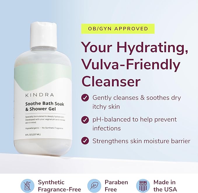 Kindra Soothe Soak - Hydrating Vulva Feminine Wash - pH Balance Intimate Cleanser for Itchy Dry Sensitive Skin - Fragrance-Free, GYN Tested, Doctor Recommended (8 Fl oz)