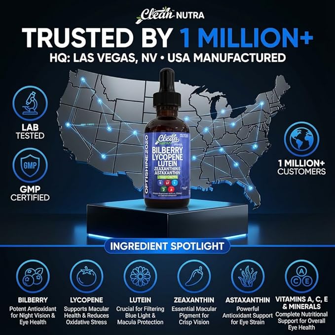 Clean Nutra Lutein and Zeaxanthin Eye Vitamins Supplement Lycopene Astaxanthin Bilberry Liquid Drops | Organic Astaxanthin Daily Lutein for Eyes Health Support Vitamin Minerals Extract | 60 Servings