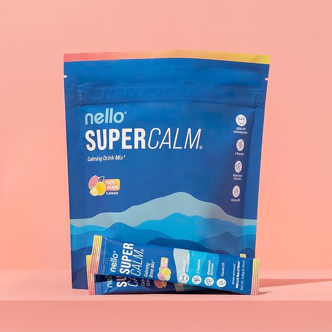 Nello Supercalm Powdered Drink Mix, Cortisol Reducer* and Sleep Aid Supplement, L Theanine, Ksm-66 Ashwagandha, Magnesium Glycinate, Vitamin D 3, No Sugar, Non GMO, On The Go, 20 Ct, Yuzu Guava