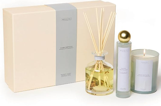 Benevolence LA Pacific Driftwood Gift Box | Candle, Room Spray & Reed Diffuser | Eucalyptus, Fig & Sandalwood | Coastal Home Fragrance | Ready for Gifting | Gift Set for Women