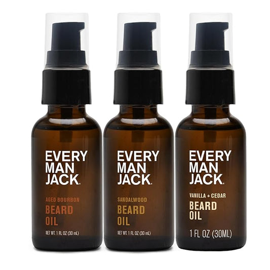 Every Man Jack Beard Oil Gift Set for Men – Full Size 3-pack - Sandalwood, Vanilla + Cedar & Aged Bourbon Scents – Softens Beard + Adds Shine - Naturally Derived w/Shea Butter – 1 fl oz (3 Pack)