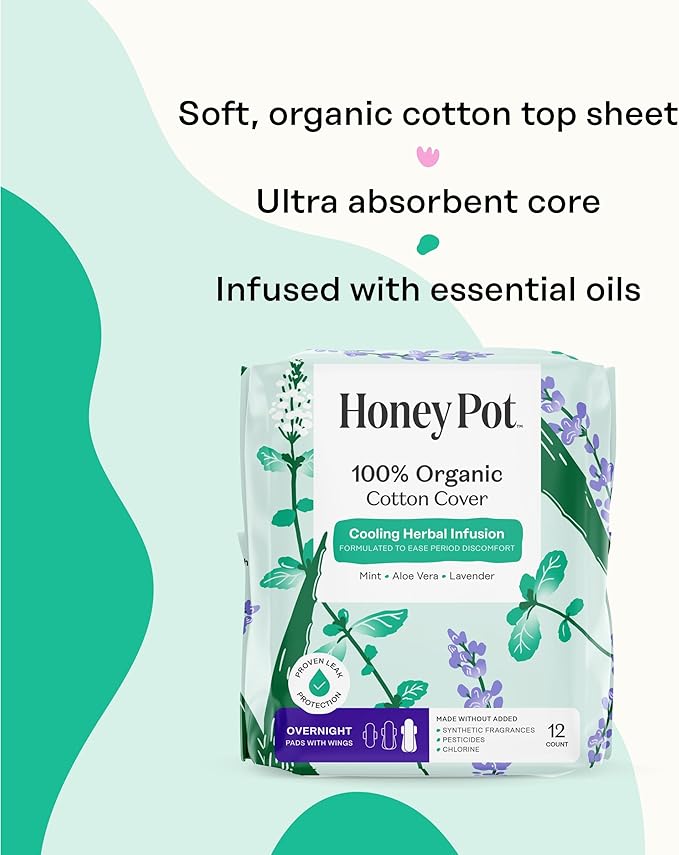 The Honey Pot Company - Herbal Pads for Women - Overnight w/Wings - Infused w/Essential Oils for Cooling Effect & Organic Cotton Cover - Feminine Care - 12 ct